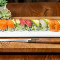 Rainbow Roll · Eight pieces. California roll, tuna, salmon, white fish, and avocado.