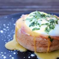 Eggs Benedict · Poached eggs on Canadian bacon & english muffin with hollandaise... on a bagel instead, choo...