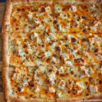 Buffalo Chicken Pizza · White pizza with grilled chicken, buffalo sauce, and mozzarella cheese.