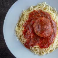 Kid'S Pasta And Meatball · Homemade meatball with marinara sauce tossed in your choice of angel hair spaghetti, penne, ...