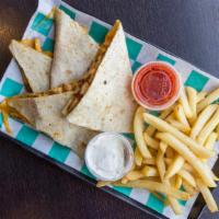 Johnny’S Quesadilla · Mixed Cheese & Grilled Chicken with Fries. Served with Salsa & Sour Cream on the side.