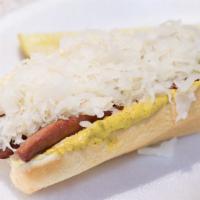 Hot Dog · Hebrew national hot dog and sauerkraut.