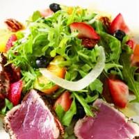 Pepper Tuna Salad · Seared pepper tuna with spring mixed salad.