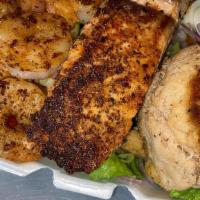 Trio Seafood · Salmon, Shrimp, & Crab Cake

add broccoli or spinach