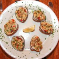 Clams Casino · Fresh top neck clams baked with our own casino recipe.