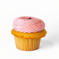 Gf Vanilla Strawberry · GF Vanilla cupcake, filled with strawberry, frosted with strawberry buttercream and topped w...