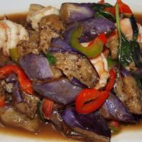 Lt 58. Shrimp Eggplant · Stir-fried with shrimps, eggplant, bell peppers, basil in garlic, and black bean sauce.