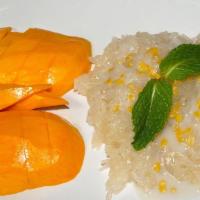 Ds 1. Mango With Sweet Sticky Rice (Seasonal) · Fresh sweet mango served with sweet sticky rice.