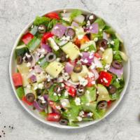 Greek Superior Salad · Romaine lettuce, cucumbers, tomatoes, red onions, olives, and feta cheese tossed with your c...