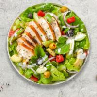 Smoked Chicken Greek Salad · Grilled chicken, romaine lettuce, cucumbers, tomatoes, red onions, olives, and feta cheese t...
