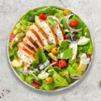 Smoked Chicken Salad · Mixed greens, grilled chicken, tomato, onion, cucumber, olives, and avocado tossed with your...