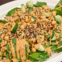 Spicy Peanut · Brown rice/ quinoa blend, chickpeas, cucumber, celery, spinach, black sesame seed, spicy ses...