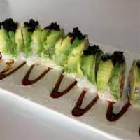 Dragon Roll · Crab cucumber, avocado inside topped with avocado, masago and eel sauce.