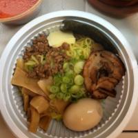 Spicy Miso Ramen 辛味噌豚骨ラーメン · Tonkatsu broth: ground pork, green onion, corn, butter, chashu, seaweed, softed boilded egg,...