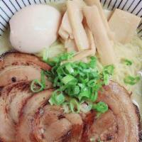 Shio( Salted) Ramen 塩ラーメン · Tonkatsu broth: served with bamboo shoot, green onion, naruto, seaweed, softed boiled egg, c...