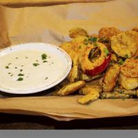 Fried Pickles · Homemade crispy bread & butter pickles, spicy cherry peppers, black pepper ranch.