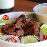 Honey Mustard Salad · Applewood smoked bacon, cheddar jack 
cheese, grape tomatoes, red onions, cucumbers, honey m...