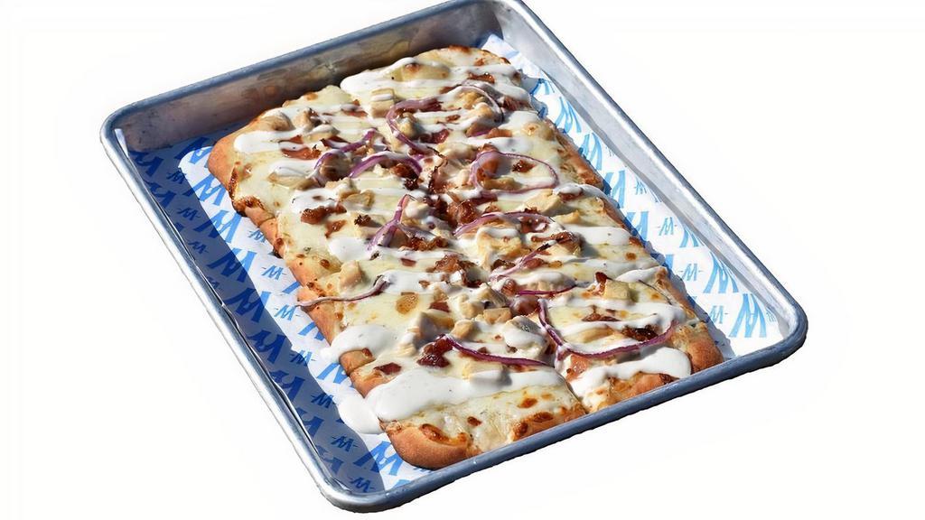 Chicken, Bacon & Ranch Flatbread · Grilled Chicken, 3 Cheese Blend, Bacon Bits, Red Onion with a Ranch Drizzle