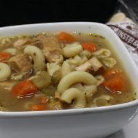 Bowl Chicken Noodle · Pasta Noodles, pieces of Chicken Breast, Carrots and Celery