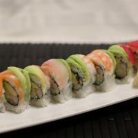 Rainbow Maki · Top: tuna, salmon, white fish, shrimp, avocado. Inside: California maki. Eight pieces.