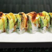 Dragon Maki · Top: eel, avocado with eel sauce. Inside: California maki. Eight pieces.