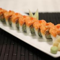 Salmon Lover Maki · Top: spicy salmon, ikura. Inside: salmon, avocado and cucumber.