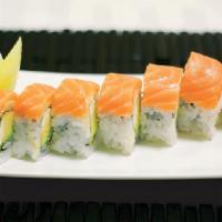 Super Philly Maki · Top: smoked salmon. Inside: cream cheese and avocado. Eight pieces.