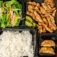 Chicken Teriyaki Bento · Grilled chicken cutlet with teriyaki sauce, steam rice, 2 pcs of fried gyoza, salad, and mis...