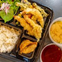Shrimp Tempura Bento · 2 pcs of shrimp and mixed vegetable tempura with steam rice, 2 pcs of fried gyoza, salad, an...