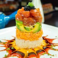 Tanoshii Tuna Tower · Sushi rice, creamy crab, diced tuna, black tobiko, avocado and scallion