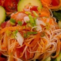 Sashimi Salad · Romaine lettuce, carrots, cucumber, tomato, avocado with tuna, salmon, stripe bass, masago, ...