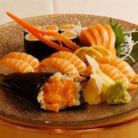 Lover'S Choice · (choice of tuna, salmon, hamachi, unagi) 6pc sushi, 4pc sashimi, 6pc roll, 1 spicy hand roll.