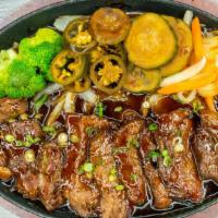 Beef Teriyaki · Beef, onion, broccoli, pickled pepper, tomato, pickle veggie, japanese gravy sauce, miso sou...