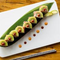 New Zealand Maki · Cucumber, avocado, topped with bluefin tuna, kiwi spicy miso, kiwi vinaigrette.