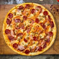 Meat Master Pizza · Mozzarella, pepperoni, chicken, and sausage baked on a hand-tossed dough