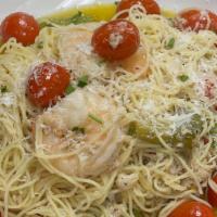 Shrimp Crab Mediterranean · Shrimp and crab sautéed in a garlic sauce, tossed with asparagus, cherry tomato, and angel h...
