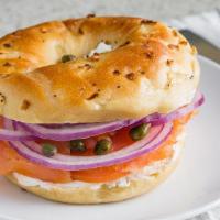Nova Lox Sandwich · Bagel with cream cheese, sliced red onion and capers.