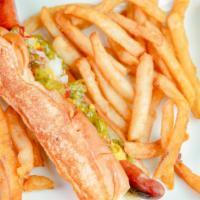 Hot Dog With French Fries · With toppings of mustard, ketchup, onion, and relish.