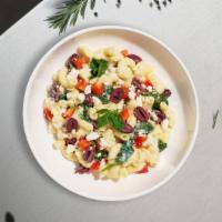 Messy Mediterranean Mac  · (Vegetarian) Fresh diced tomatoes, olives, goat cheese, feta, and spinach cooked in a blend ...