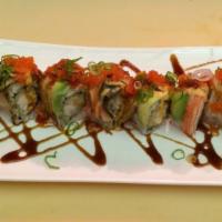 Dragon Maki · Shrimp tempura, lettuce maki, topped with eel, avocado, kanikama, tobiko, scallion with eel ...