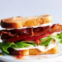 Applewood Smoked Blt · Slab Bacon, Thick Cut Tomato, Lettuce, and Basil Mayo. Served on Challah Bread.