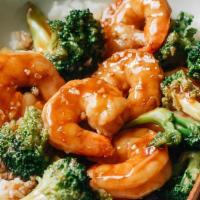 Shrimp Broccoli · Served with white rice.
