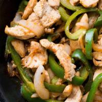 Chicken Pepper Onion · Served with white rice.