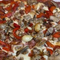 Wizard Of 'Za · Pepperoni, Italian sausage, bacon, mushroom, roasted garlic and roasted red pepper
