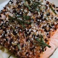 Everything Spice Salmon · Everything spice, aligot potato, leeks.