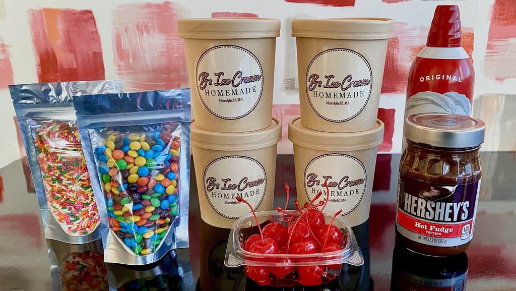 Sundae Party Pack · All the essentials to have your own sundae party. Four pints of B's ice cream your choice of flavors, 1/2 pint of hot fudge, two toppings, whipped cream,  and cherries.