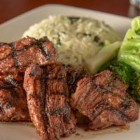 Steak Tips · 14 oz., 24 hour house marinade & your choice of two sides