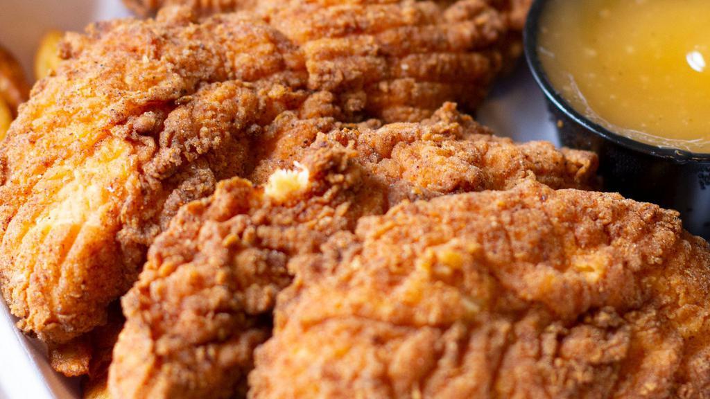 Chicken Tenders · buttermilk crispy chicken tenderloins, your choice of one side & one sauce