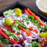 The Greek Salad - Fm Style · Feta cheese, red onion, tomatoes, pepperoncini’s, kalamatas, peppers, garden greens, choice ...