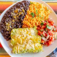 Enchilada Plate · Two enchiladas served with red or green salsa. Served with beans, rice, and pico de gallo.